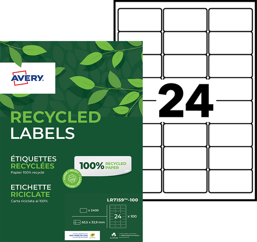 LR7159-100 / 2400 Etiquettes recyclées blanches 63,5 x 33,9 mm