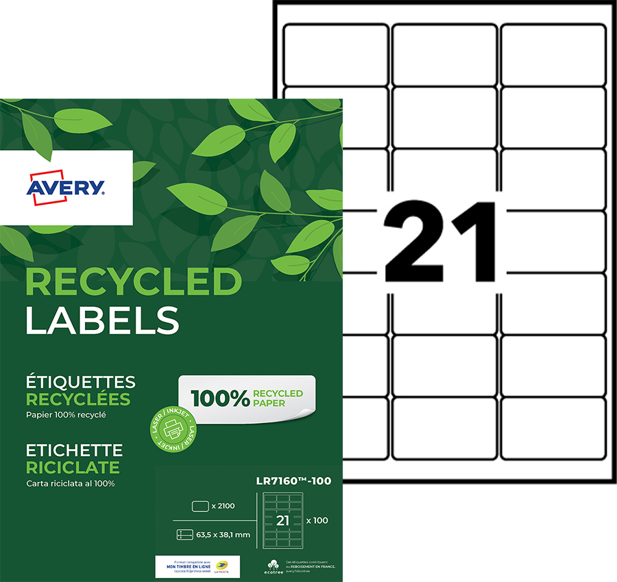 LR7160-100 / 2100 Etiquettes recyclées blanches 63,5 x 38,1 mm